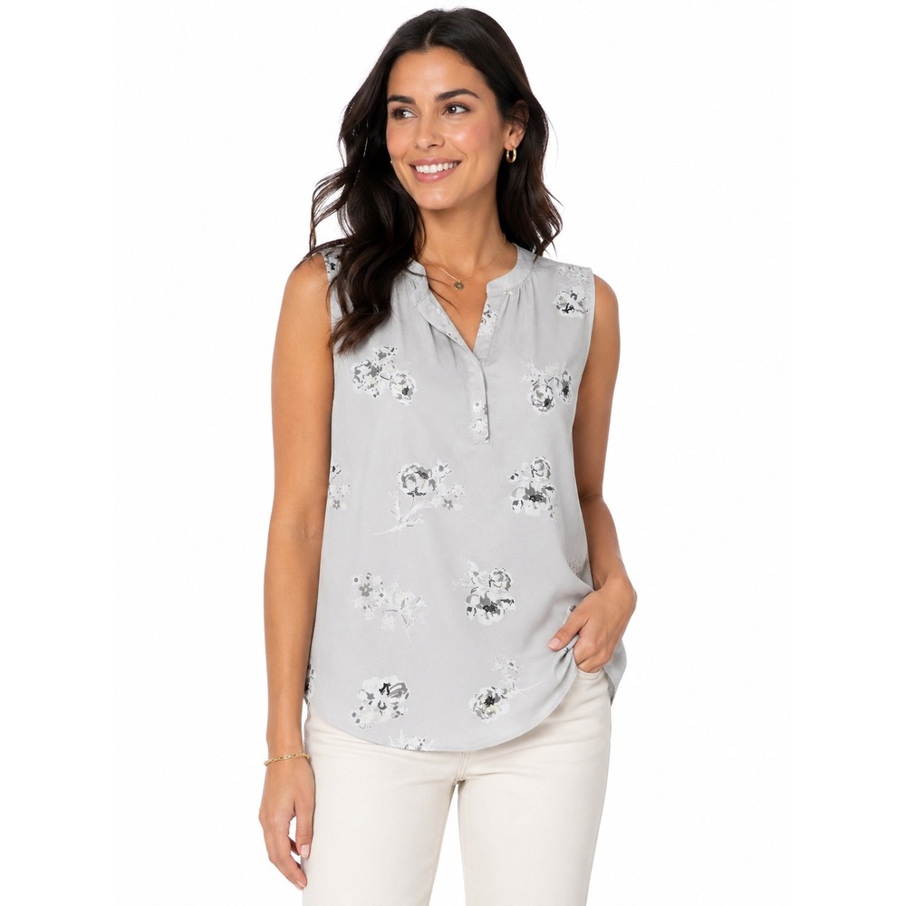 Dalia Womens Grey Floral Sleeveless Split Neck Blouse Top Size L